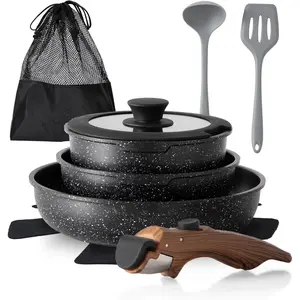 Removable Handle Pots and Pans, 10 Piece Black Granite Induction Cookware Sets Non Stick, Stackable RV Cookware Set for Camping