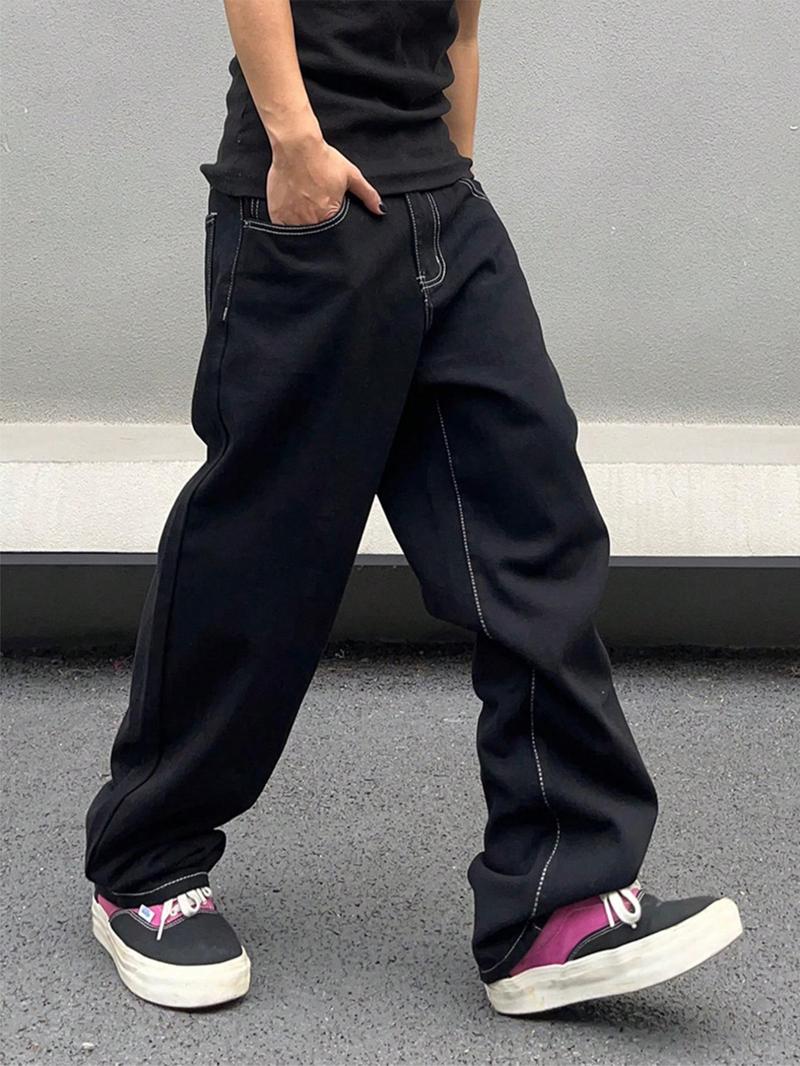 Men's Solid Color Wide Leg Multi Pocket Jeans, Loose Casual Comfy for Daily Wear, Woven Bottoms for All Seasons