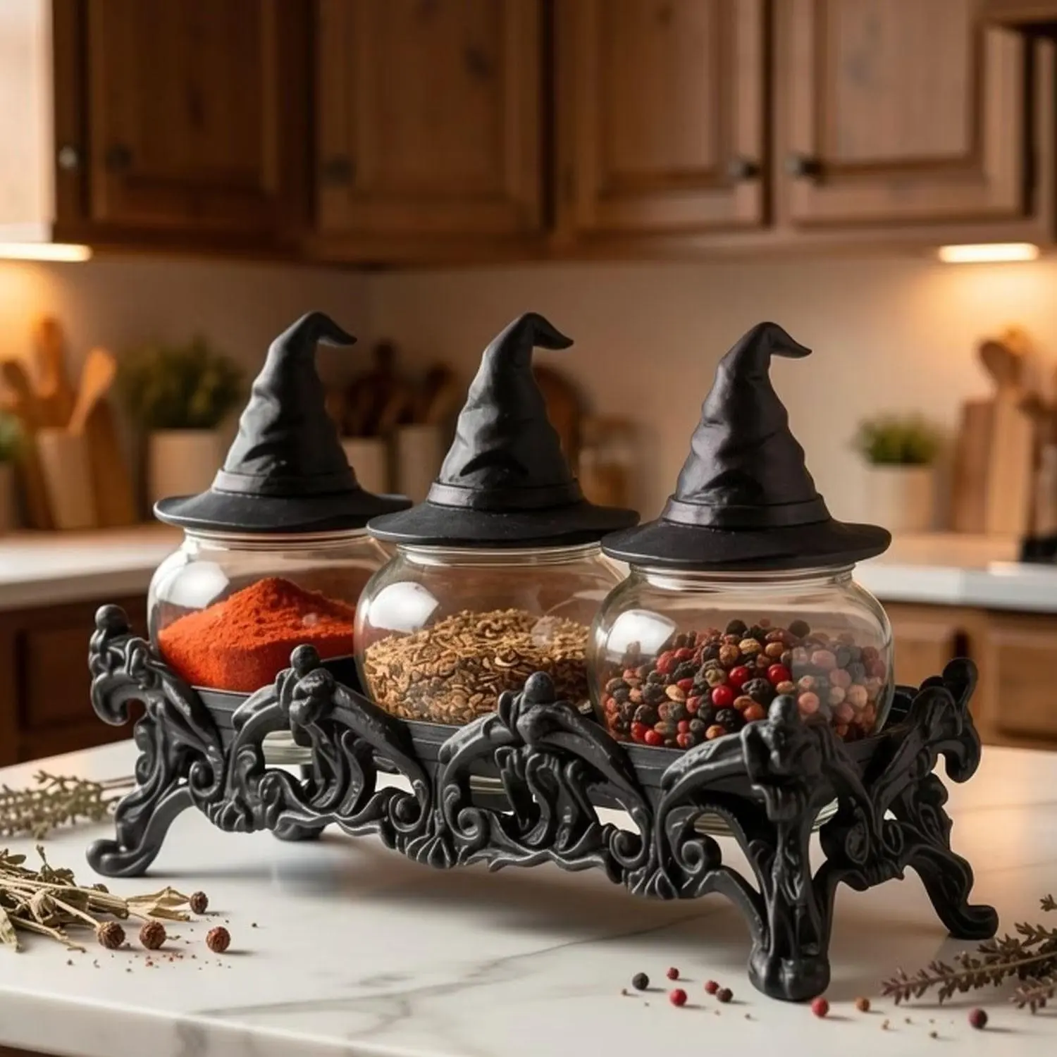 The new 3-piece witch hat spice jar set, with a gothic base, handcrafted vintage glass and a unique lid. It is perfect for storing and displaying kitchen spices such as pepper and salt. It adds a touch of mystery to your pantry or kitchen counter, or make