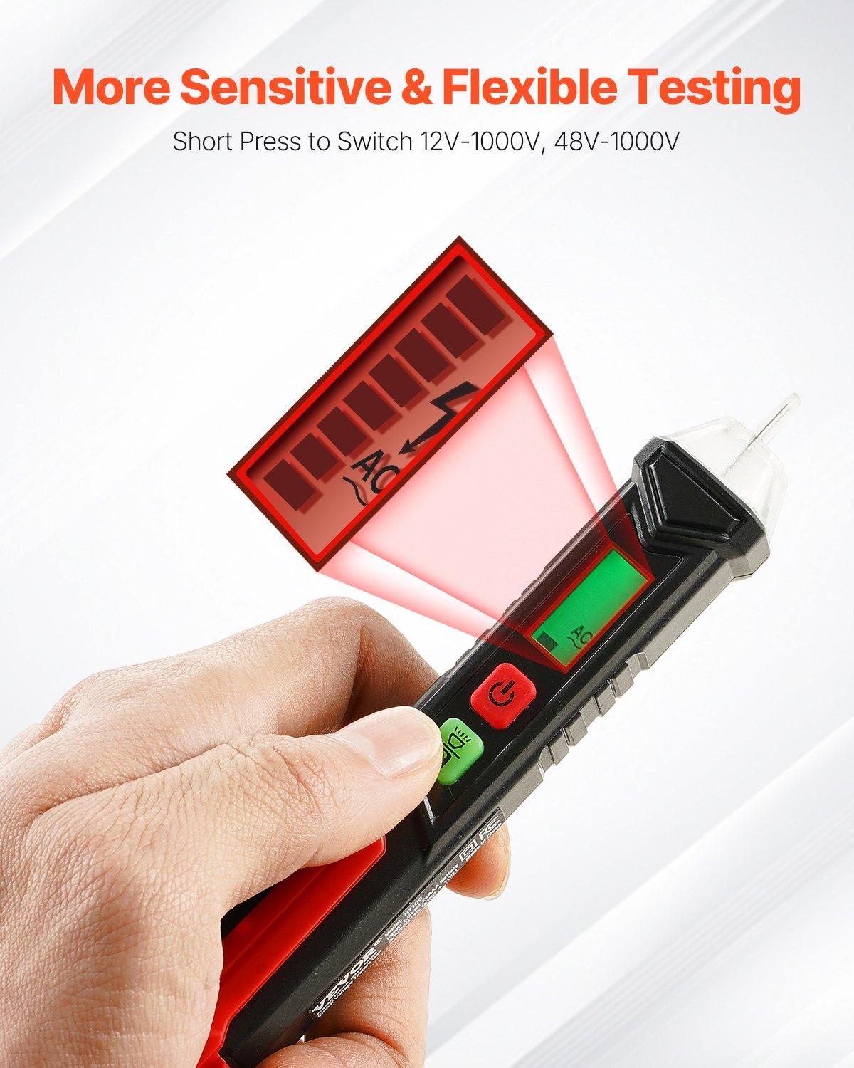 VEVOR Voltage Tester, Non-Contact Voltage Detector with Adjustable Sensitivity, Dual Range AC 12V-1000V/48V-1000V Live & Null Wire Tester Pen with Visual and Audible Alarms, CAT III 1000V Rating