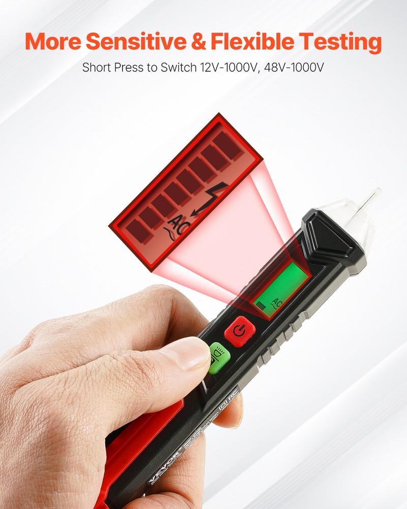 VEVOR Voltage Tester, Non-Contact Voltage Detector with Adjustable Sensitivity, Dual Range AC 12V-1000V/48V-1000V Live & Null Wire Tester Pen with Visual and Audible Alarms, CAT III 1000V Rating