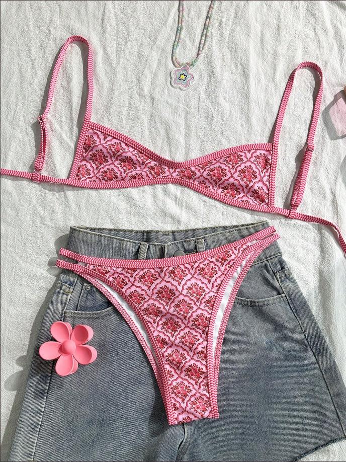 Bikini one-piece with a halter top and back tie - Pink and Blue Patterned Bikini Set for Women