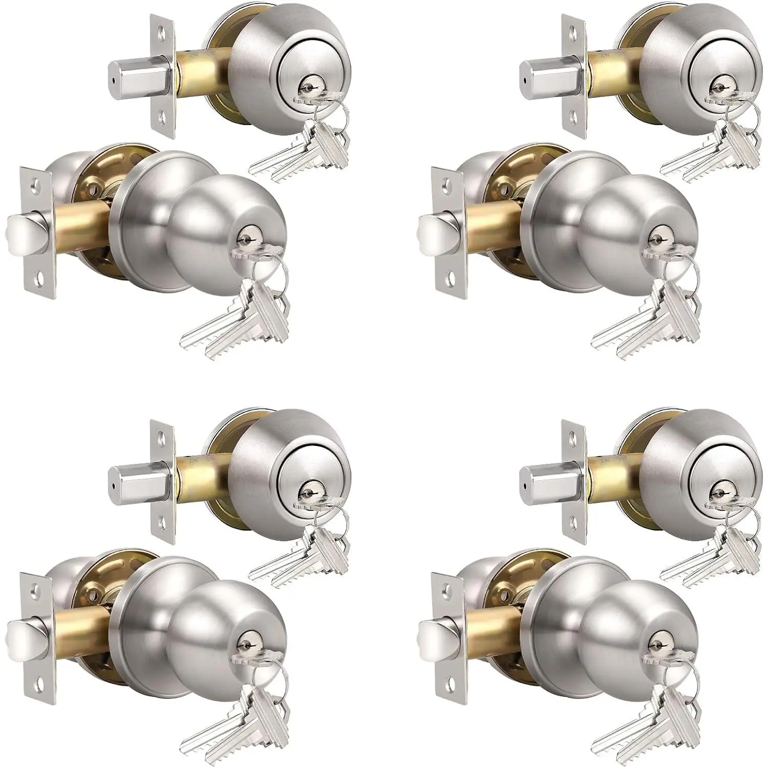 Keyed Alike Exterior Door Knob, Round Outdoor Lock with  Sided Deadbolt, Stainless Steel, Satin Nickel Door Knobs,  Door Handle Sets, 4 Pack