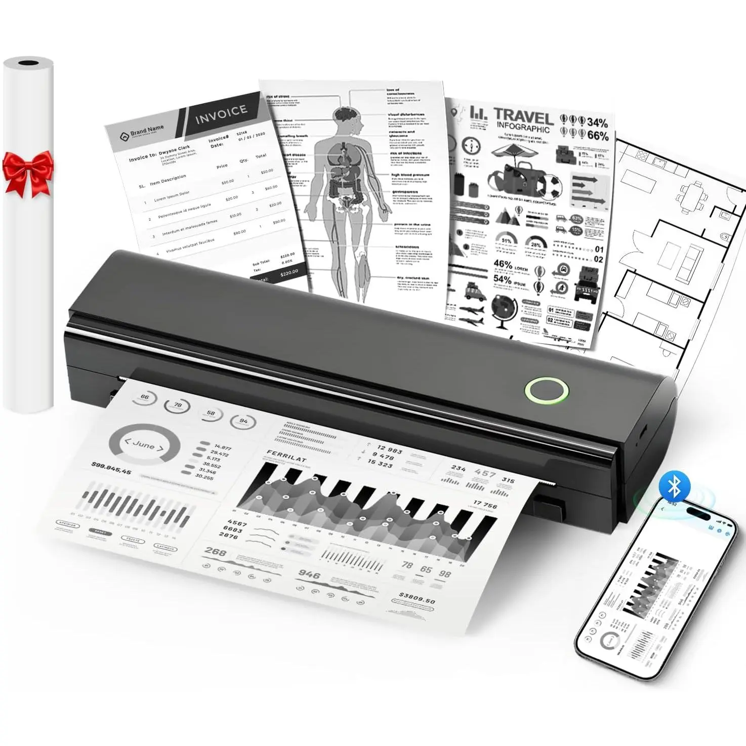 N80 Bluetooth Wireless Portable Thermal Printer, Compact Travel Printer for On-the-Go Printing