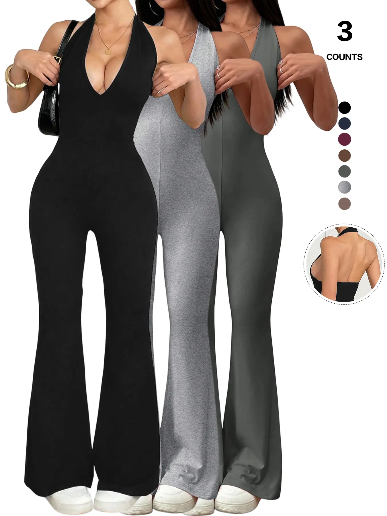 Fall Women Halter Backless Jumpsuit, Deep V Neck Slim Fit, Cinching Waist, Flare Leg Romper, Figure-Hugging, Height-Enhancing