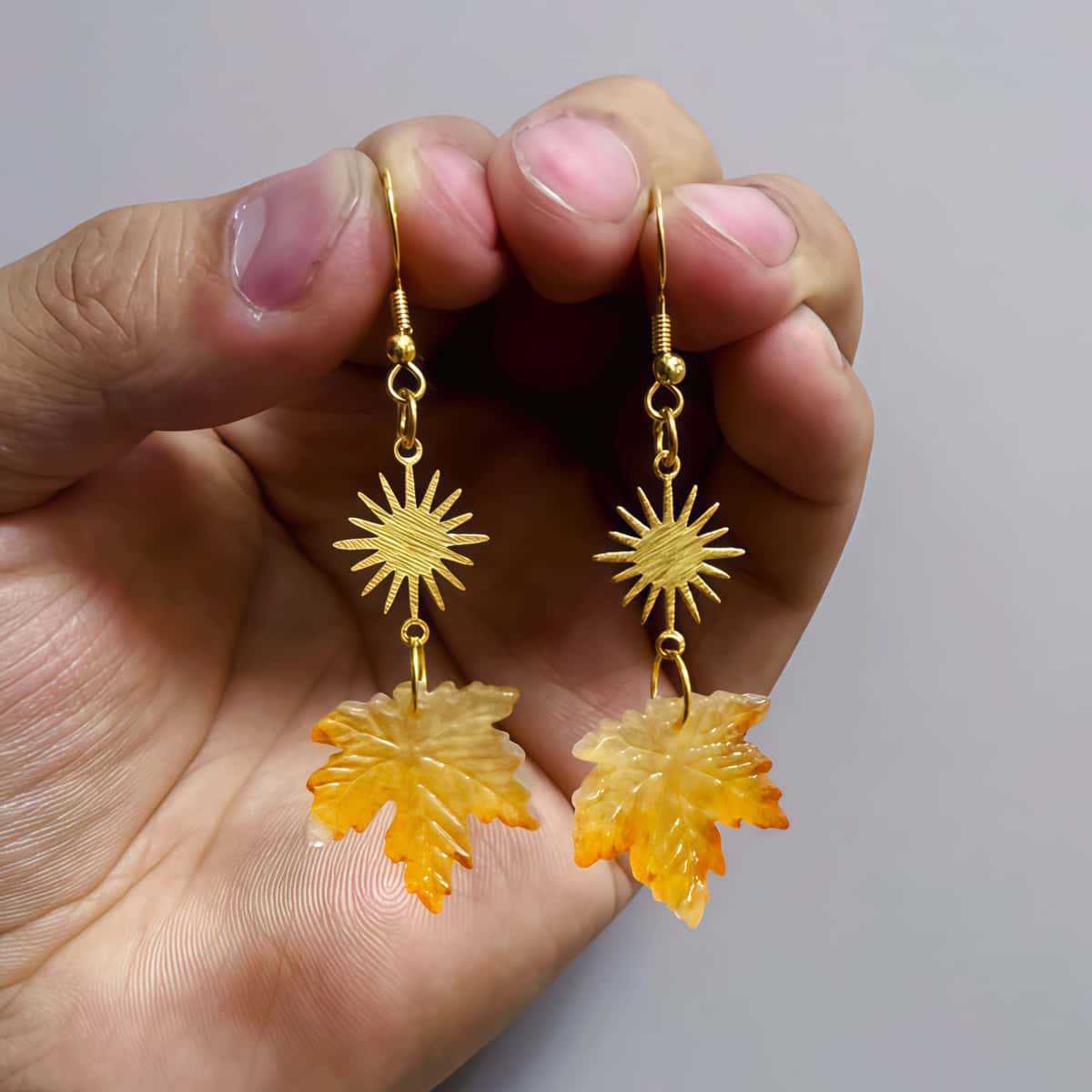 Maple Leaf Earrings Burnt Orange Glass Autumn Leaf Sun Pendant Earrings Stainless Steel Bohemian