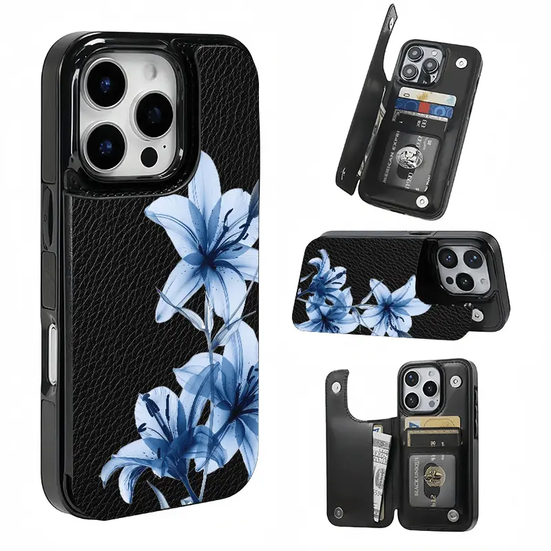 Blue X-ray Lily Flower Card Holder, This phone case features a card slot function, can store bank cards, transit cards and other cards, suitable for iPhone 17/16/15/14/13/12, and makes a great gift for girls.