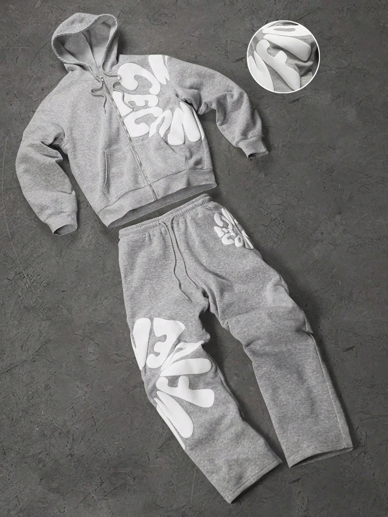 Men's Casual, American High Street 3D Letter Print Hooded Zipper Two-Piece Set, Suitable for Daily Home and Outdoor Activities