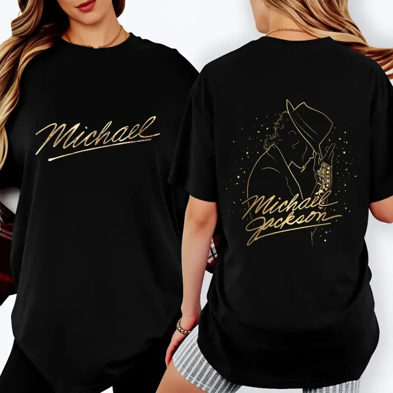 [10Cotton] Cotton Casual Style T-Shirt with Michael Jackson's Signature and Silhouette Design, Perfect for Summer Wear and a Gift for Music Lovers and Fans #   # Michael Jackson #   # Jaafar Jackson #   # biopic #   # music legend    （Translation note: Th