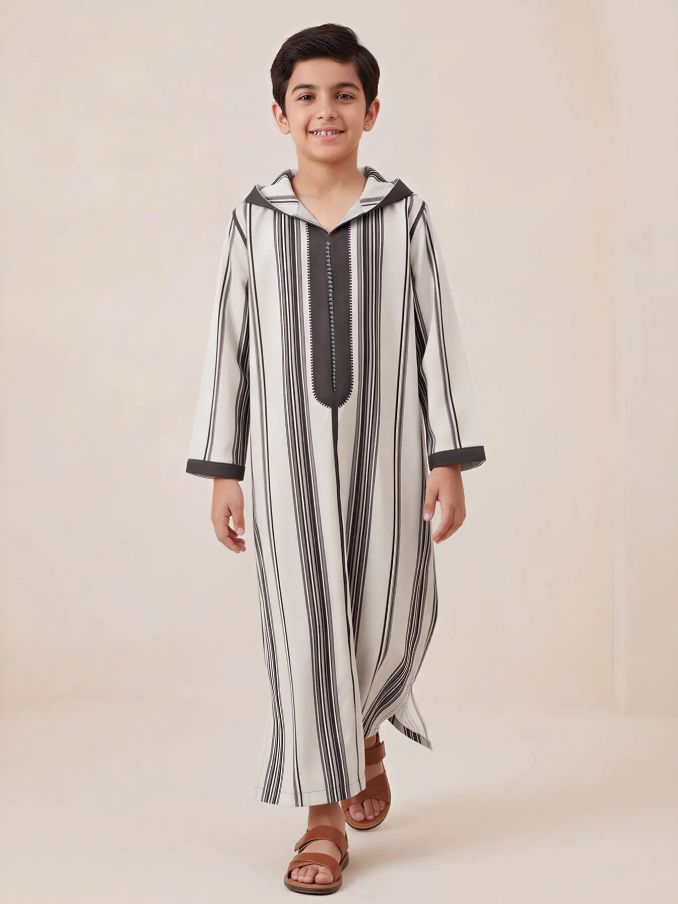 Moroccan Style Striped Colorblock Hooded Modest Boy Djellaba, 3D Decorated Hem Split, Dual Side Pockets, Suitable for Boys Aged 8-12 Years