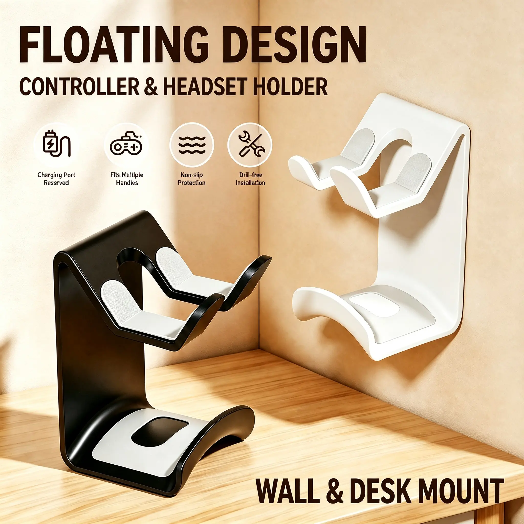 Multi-Functional Game Controller Stand, Earphone Holder, Wall-Mounted Desktop Dual Use, Non-Slip Soft Pad, Charging Port, Scratch Protection, Integrated Stand