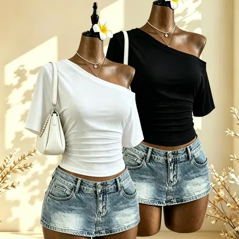 Two-Pack Women's Solid Color Slim Fit T-Shirts, Casual Shoulder-Exposed Short Sleeves, Summer T-Shirt for Young Ladies, Versatile Outdoor Wear