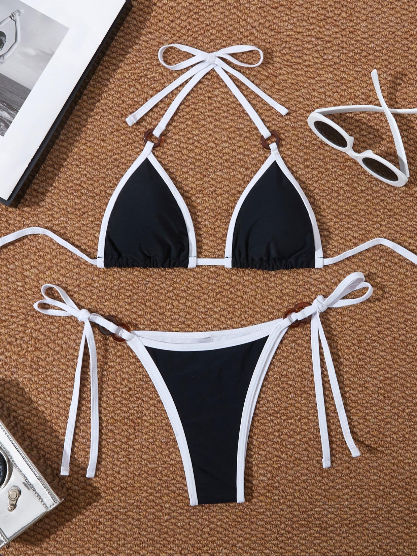 Two-Piece Set Women's Contrast Binding Ring Linked Set for Summer 2024, Casual Halter Triangle Swim Bra & Tie Side Swim Bottom, Ladies Summer Swimwear Linked Bikinis Sets