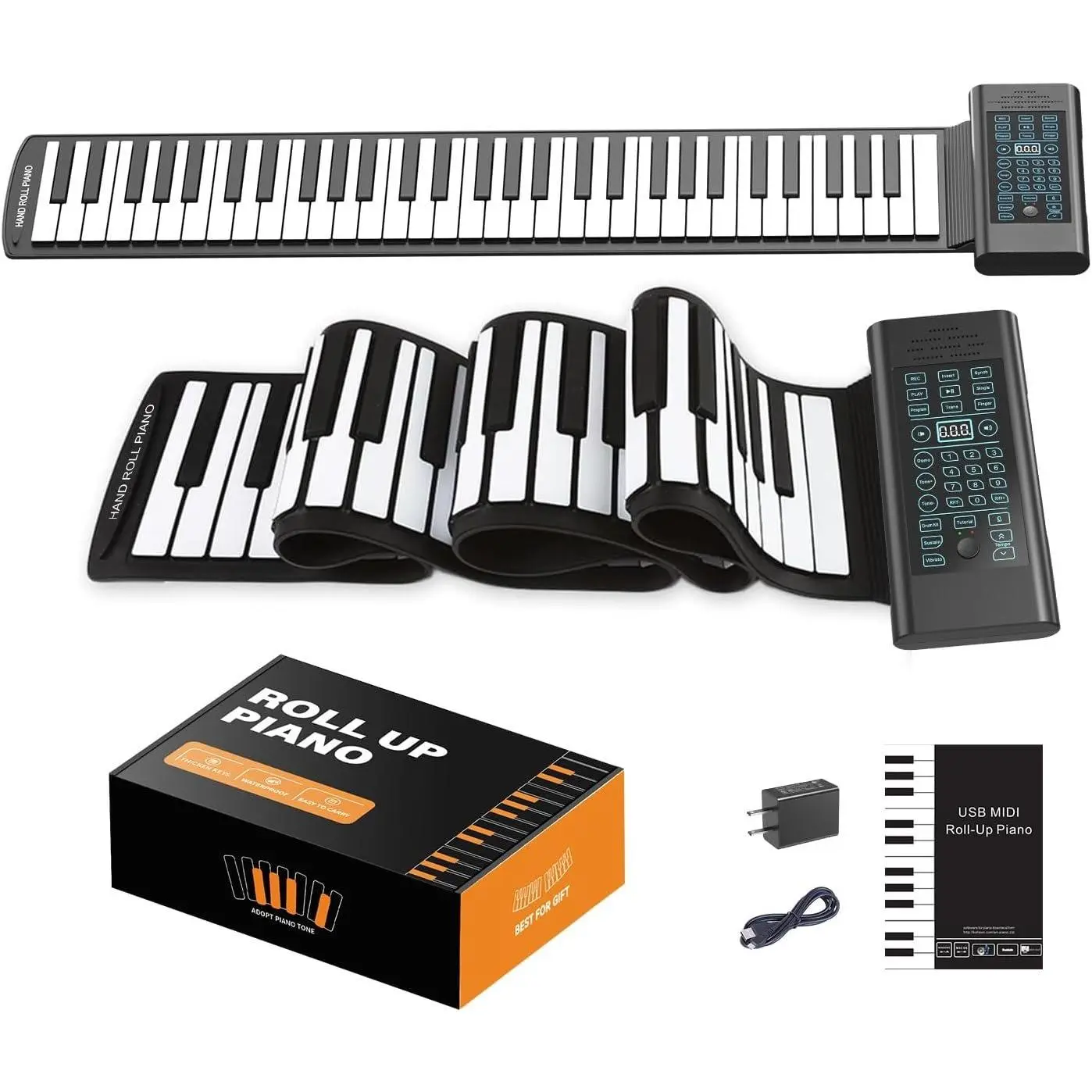 61  Roll Up Piano, Portable Foldable Hand Roll Keyboard, 128  & Rhythms, 14 Demo Songs, Wired MIDI, -in Speaker, Headphone Jack, Rechargeable  for Beginners Travel and Gifts