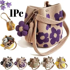 Ladies Floral Crochet Bucket Crossbody Bag, Hand Knitted Flower Pattern Shoulder Bag-Perfect for Summer Beach Daily Use, Bohemian Style Flower Knitted Bucket Bag, Multicolor Handmade Crochet Crossbody Bag, Adjust,Large Capacity, Fashion