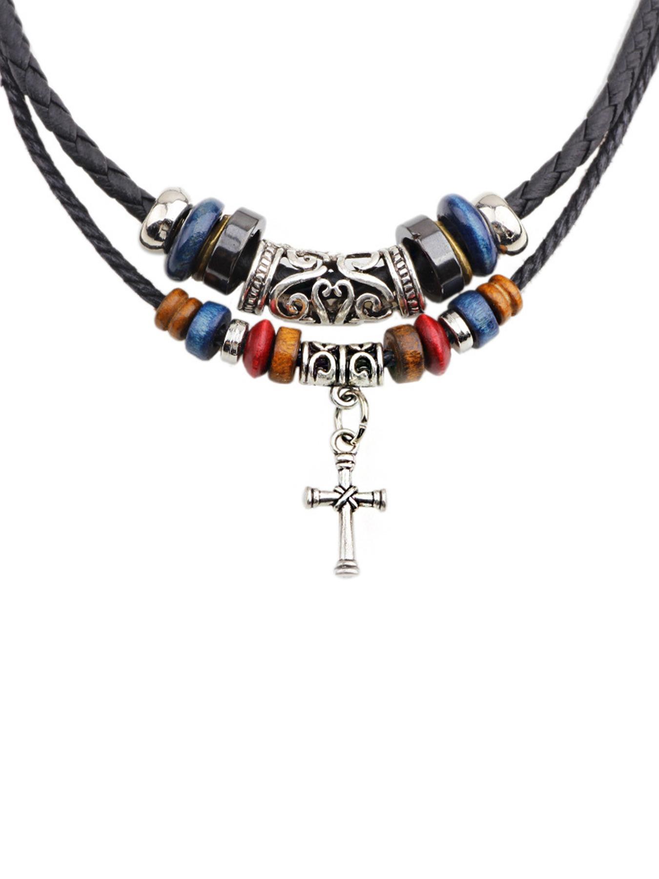 Unisex Boho Style Drawstring Layered Beaded Necklace, Trendy Chic Vintage Retro Necklace, Gorgeous Jewelry As Birthday Gift for Girlfriend & Boyfriend, Cross Charm Necklace