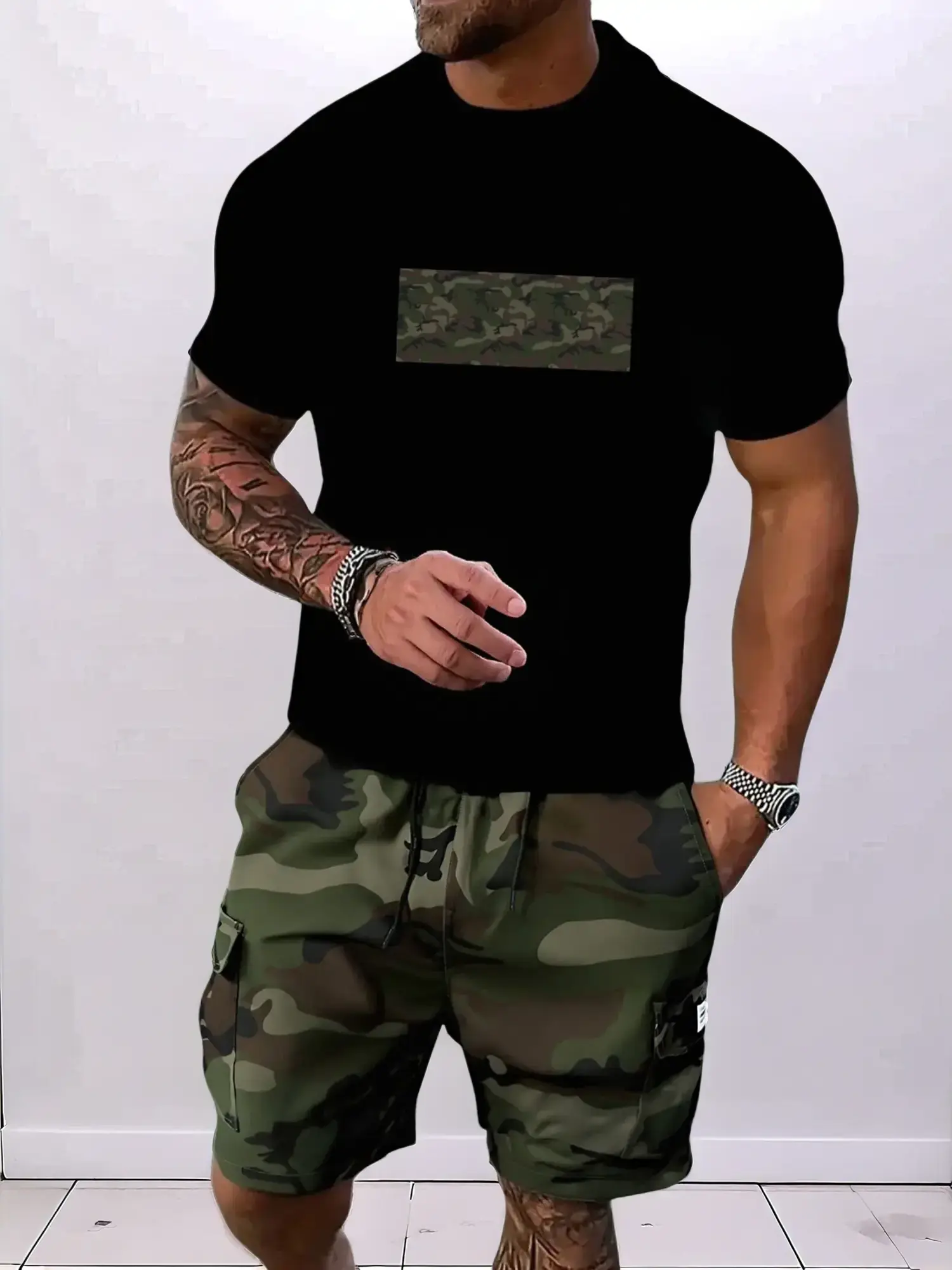 Two-piece Set Men's Camouflage Print Shortsleeve Tee & Shorts, Regular Fit Casual Short Sleeve T-shirt & Camo Print Shorts, Menswear