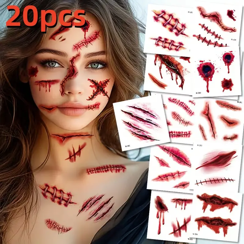 20 Halloween Realistic Temporary Tattoo Stickers, Bloodstain Fake Wound Stitch Scar Horror False Tattoos, Easy to Apply and Remove, Party Gift Decorations
