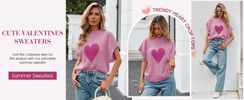Saodimallsu Womens Cap Sleeve Cropped Sweater Mock Neck Cute Heart Loose Valentine Knit Tank Tops