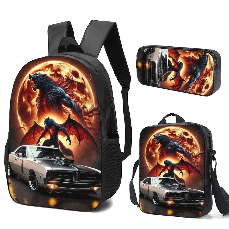 A Three-Piece Set Including a Backpack, Pencil Case, And Lunch Bag, All Featuring a Dragon And Classic Muscle Car Design Against a Fiery Background. The Colors Are Vibrant, The Printing Process Is Detailed And Durable