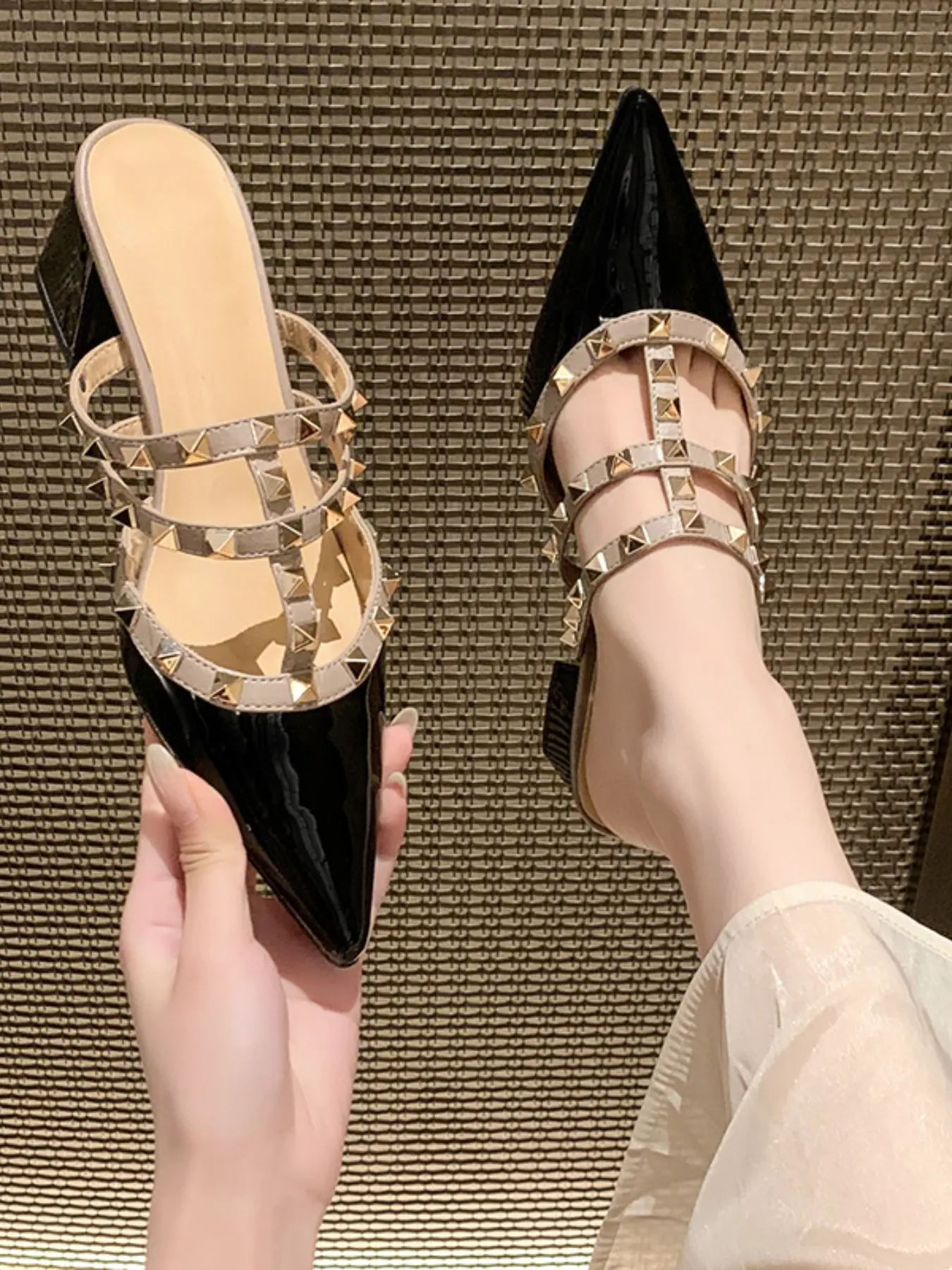 Women's Pointed Toe Mules Multi Strap Rock Stud Block Heel Mule Slides Slip On Closed Toe Soft Contoured Cushioned Insole Party Casual Summer Footwear Three Colors Black Nude Off White