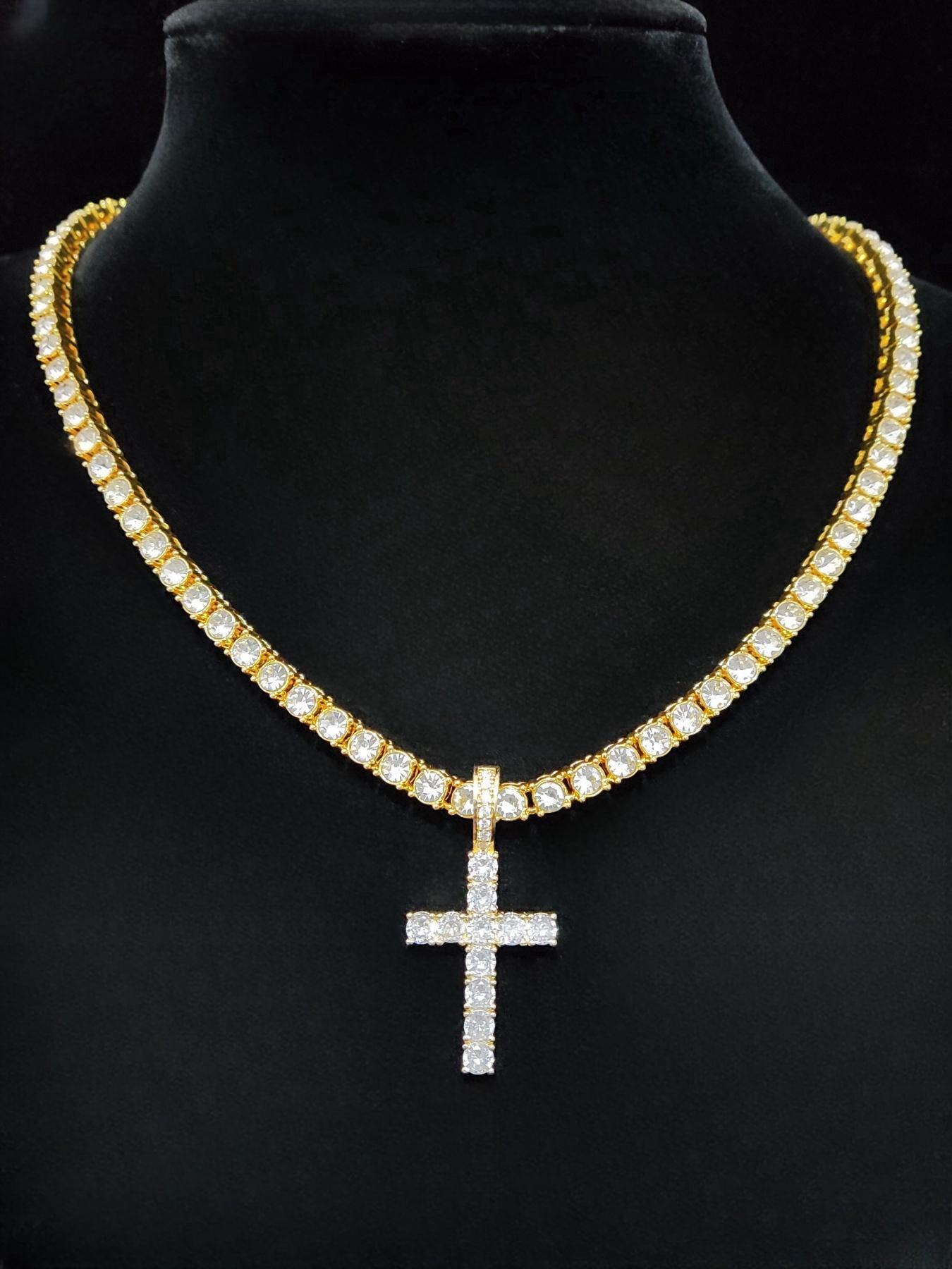 Artificial Zircon Inlaid Cross Pendant Necklace, Punk Style Necklace for Party, Daily Decor, Trendy All-match & Exquisite Hip Hop Jewelry for Birthday Gift, Zirconia Cross Pendant