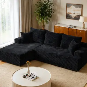 ARCH 96" Frameless Boneless Soft Cloud Sectional Couch L-Shaped Chaise Sofa for Living Room, Corduroy 3-Seat Cushion Back Sofa with Foam Filling, Black Left Corner, No Assembly Required, Heavy Duty, Black Color Options, Corduroy Material
