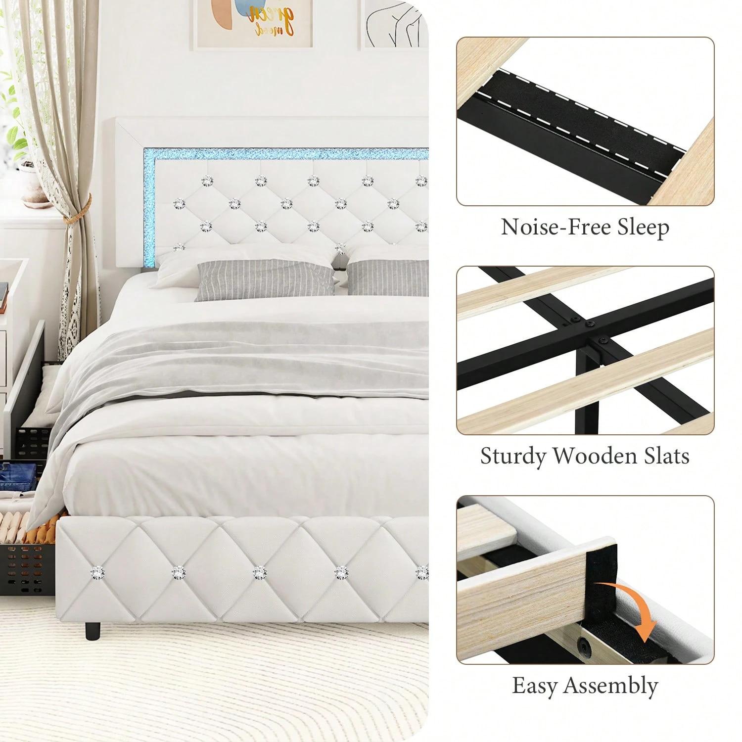 Twin/ Full/ Queen/ King Size Bed Frame With Storage Drawers, Upholstered LED Bed Frame With Headboard, Modern Platform Bed Frame With Headboard And Footboard, Diamond Tufted Design, No Box Spring Needed (Twin Size 2 Drawers/ Other Size 4 Drawers)