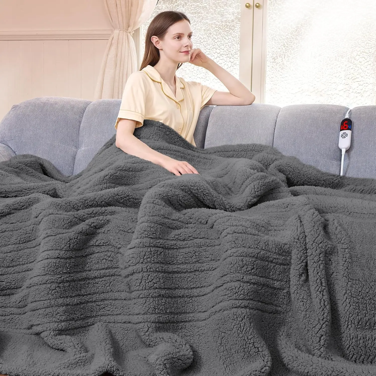 Heated Blanket Full Size 72"X84" Grey Soft Double Sided Sherpa Electric Blanket with LED Display 6 Heating Levels 10 hrs Timer Machine Washable Fast Heating Gift for Women