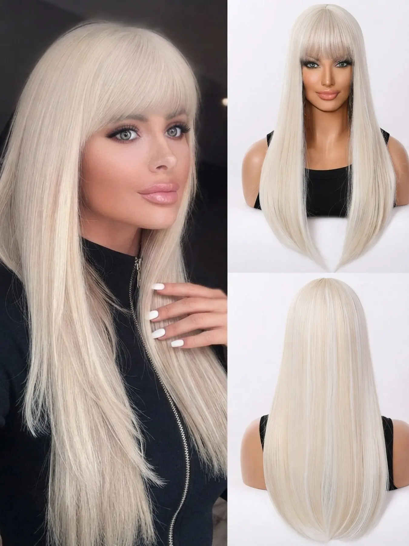 Long Straight Platinum Blonde Wig with Fringe Bangs High Temperature Synthetic Wigs for Women Natural Looking Heat Resistant Hair Everyday Wear Party Cosplay Fake Hair