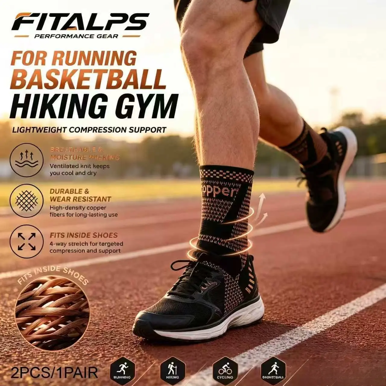 Set of 2 unisex fiber ankle braces with foot arch support. Made of breathable stretch fabric with thickened wear-resistant and anti-slip construction, offering targeted compression wrapping for feet and ankles.