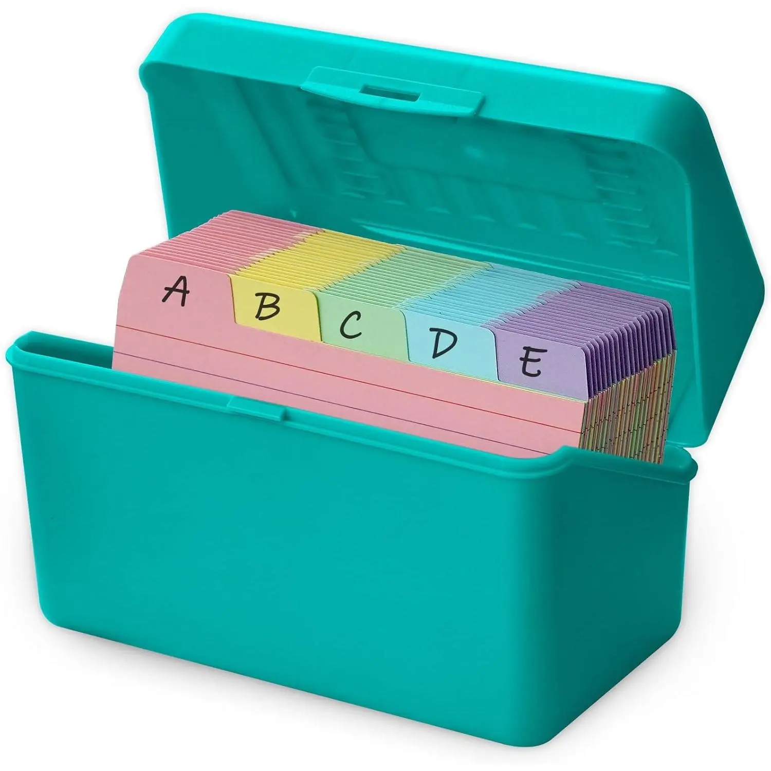 Women's Bra Accessory 3x5 in Office Organization Index Card Holder Box with 100 Pcs Flashcards, Dividers Tabs, Built-in Notches, Teal, 220Gsm Cardstock Paper, 5.71 X 3.35 X 3.55 Inches, Cardholder Box, Ridges, Durable, Plastic, Standing