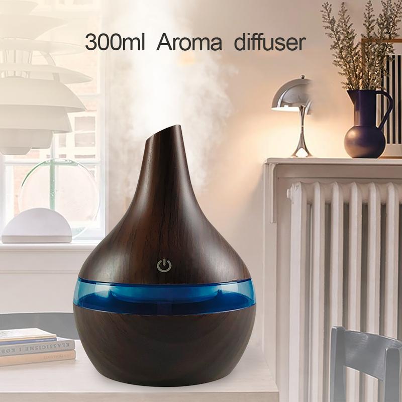 300ml USB Humidifier & Essential Oil Diffuser, Wood Grain Design  Cool Mist for Home, Office, Desktop  Includes 2 Aroma Oils