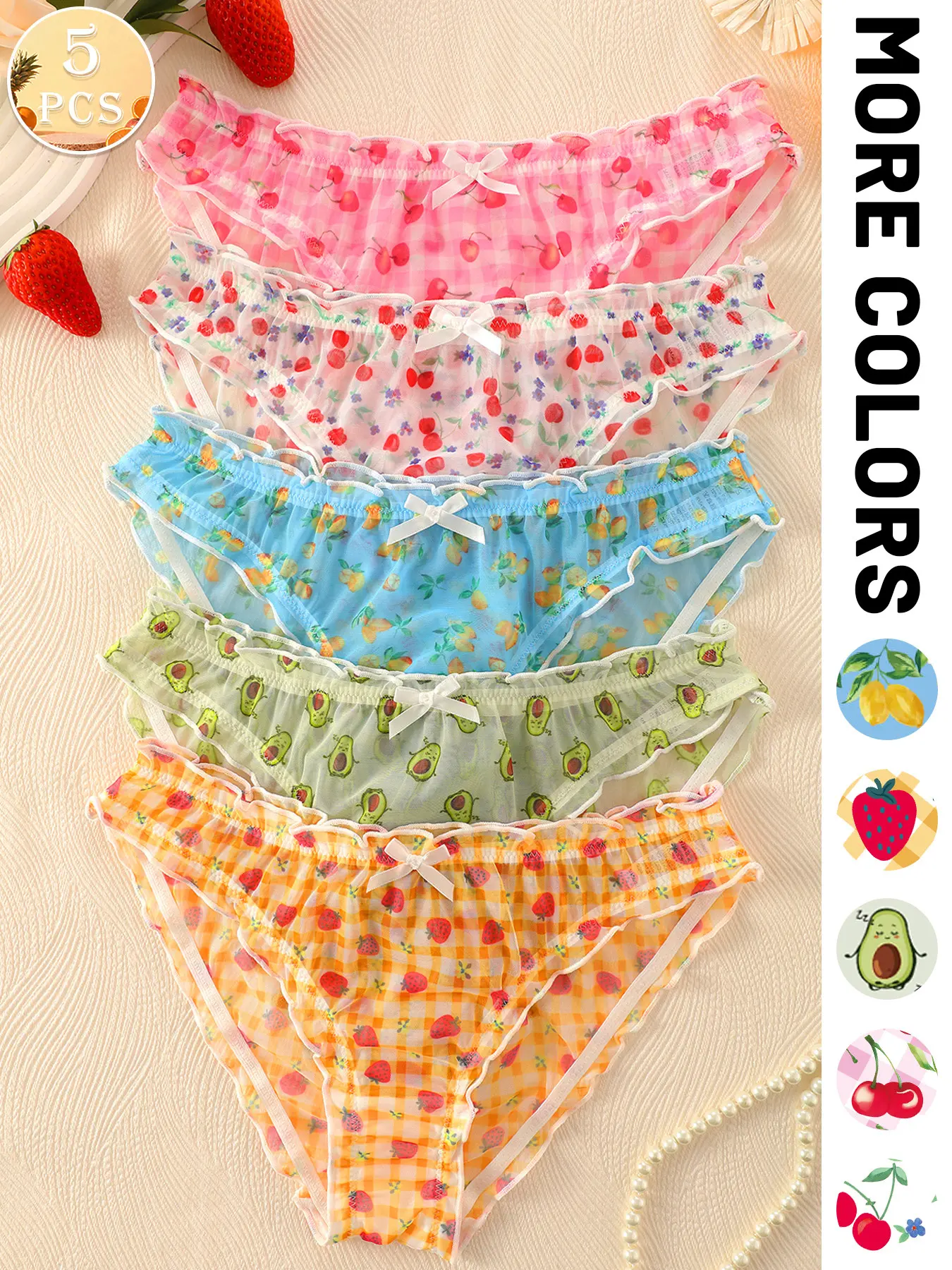 5-Pack Fruit Print Mesh Women's Briefs, Breathable Knicker, Fitted Knickers, Low Waist Breathable Comfortable Teen Triangle Panties, Cute Fitted Underwear for All Seasons, Daily Briefs Set