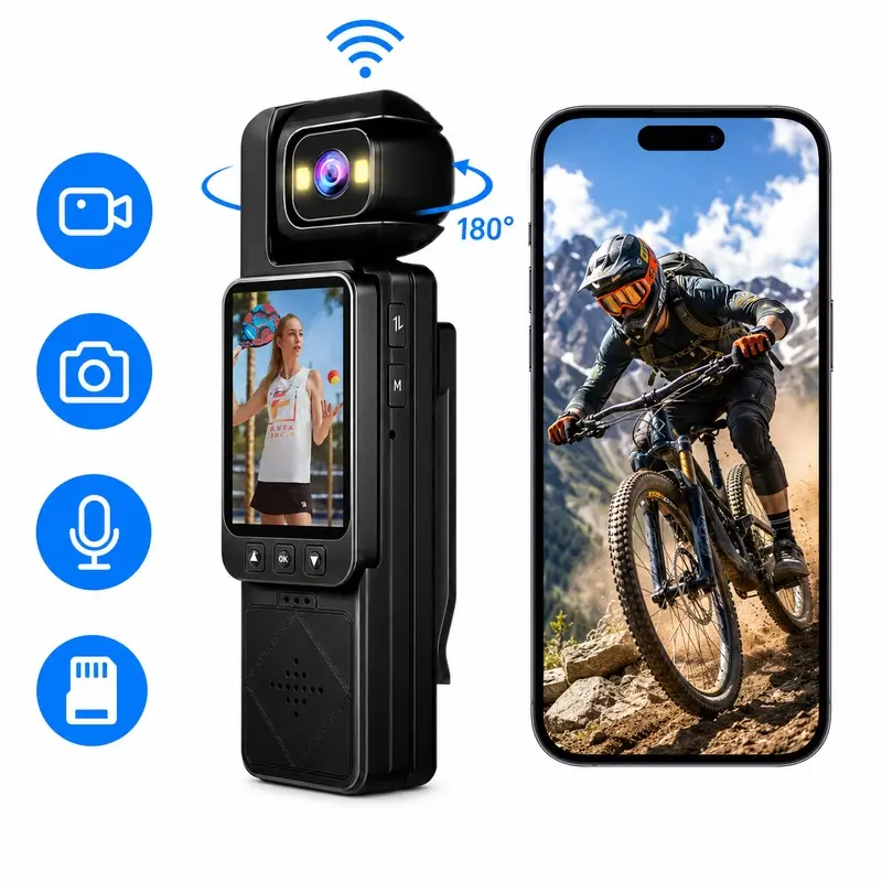 Body Camera Portable Wearable Action Camera, Vlog Camera with 180 Rotating Lens, IR Night Vision, 6X Digital Zoom and WiFi for Travel Outdoor Cycling Hiking