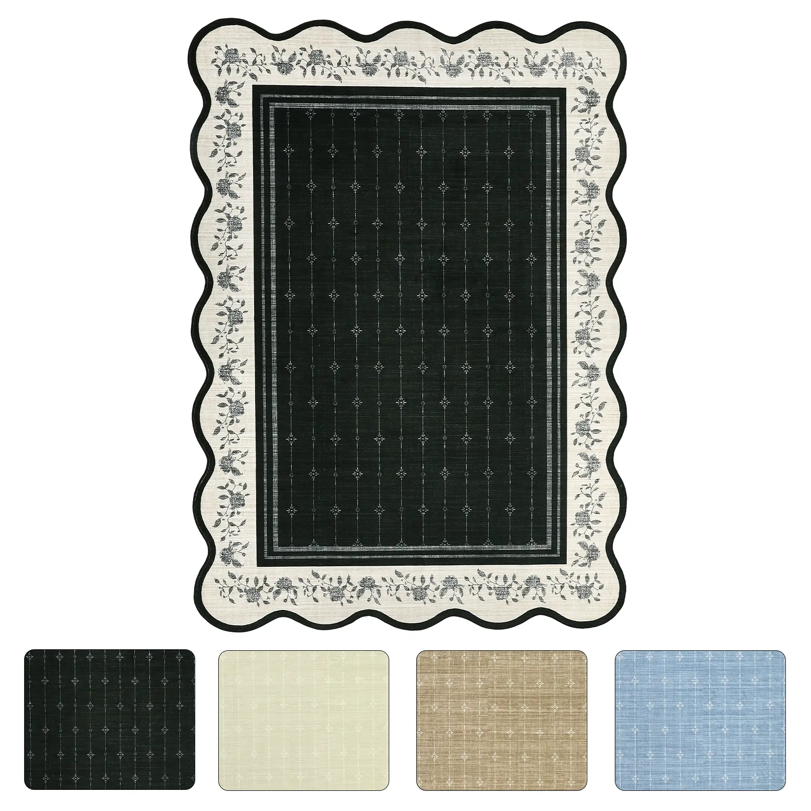 Washable Scalloped Runner Rug, Modern Non-Slip Collapsible Low Pile Carpet, Soft & Durable, Mark Resistant, For Hallway, Kitchen, Bathroom, Bedside, Laundry, Entryway