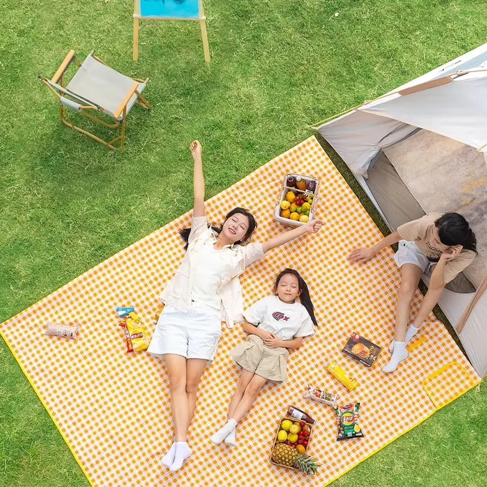 Beach Blanket Large Picnic Blankets, 80x60in Sandproof Beach Mat for 2-4 Adults Waterproof Quick Drying Outdoor Picnic Mat for Travel Camping Hiking Festival Park Lawn (Yellow Plaids)