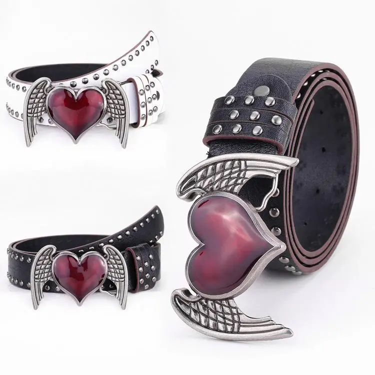 Winged Heart Buckle Studded Leather Belt, Unisex Punk Gothic Waist Belt, Vintage Y2K Streetwear Fashion Accessory