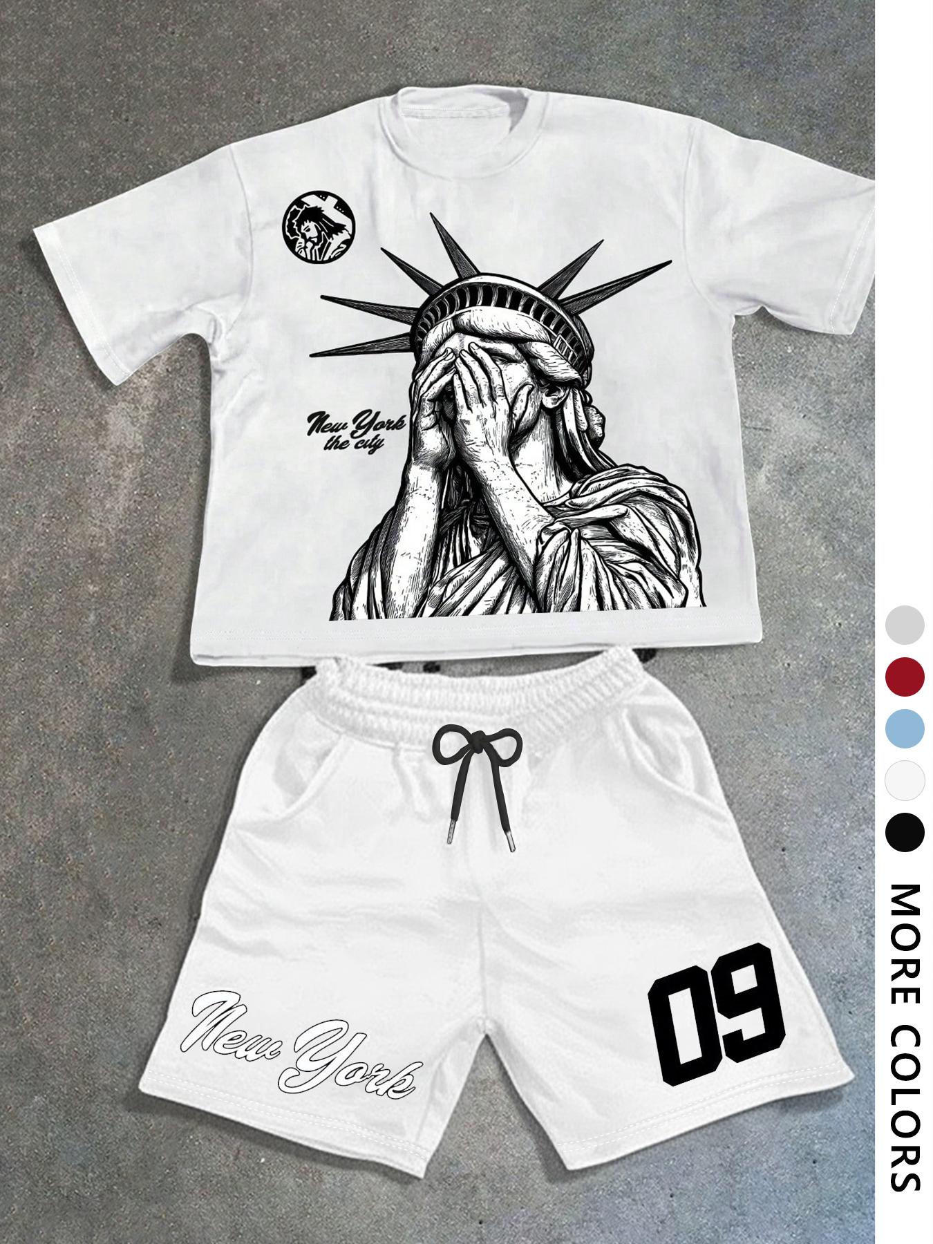 Men's Statue Of Liberty & Letter Print Short Sleeve Tee & Shorts Two-piece Set, Regular Fit Casual Round Neck T-shirt & Track Shorts, Men's Summer Clothes