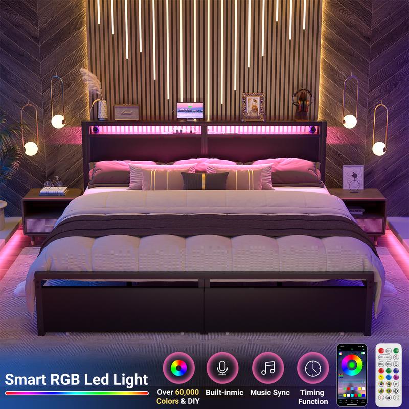 Homieasy Bed Frame with 2 Storage Drawers, Luxury Bed Frame with Charged Headboard and LED Lights, king Bedframe led bed