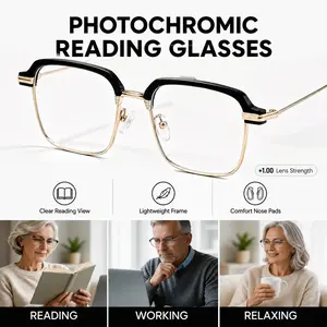 Photochromic Reading Glasses +1.00, Anti Blue Light Readers with UV Protection, Black Gold Lightweight Eyeglasses for Men Women, Work Travel Everyday Wear