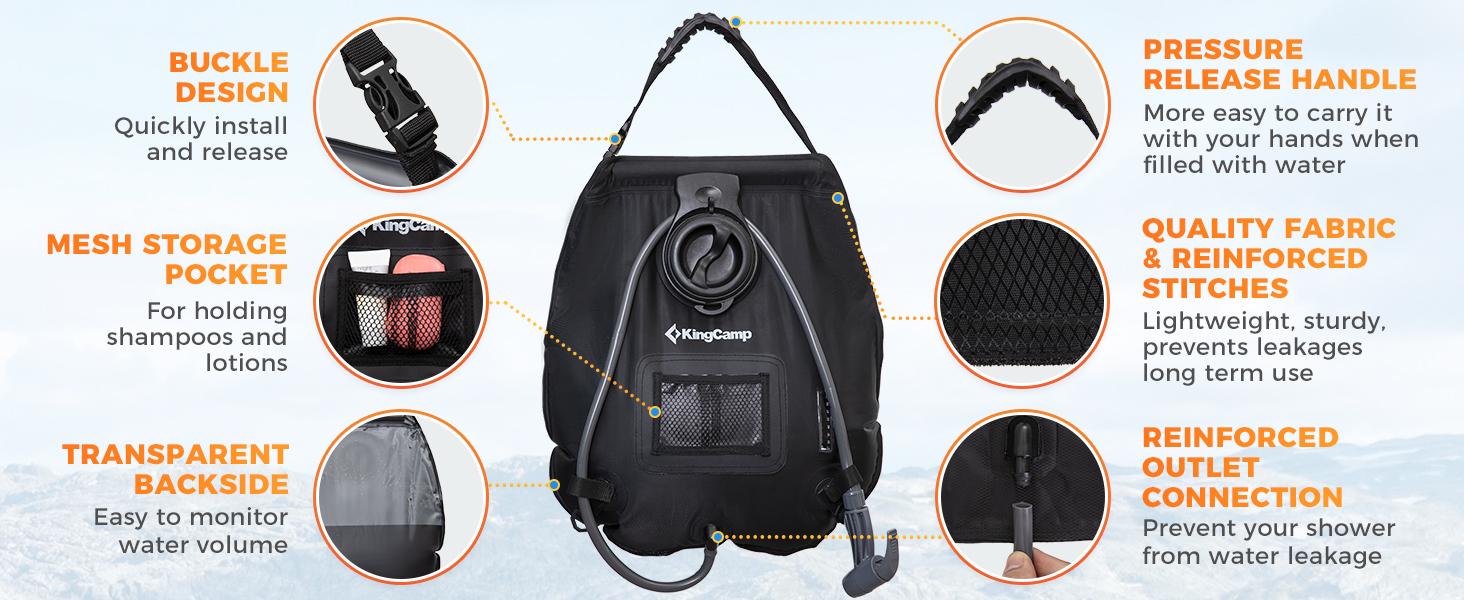KingCamp Solar Shower Bag, Leak-Proof Design Camping Shower Bag with Thermometer, Removable Hose & Switchable Shower Head, 5 gallon/20L