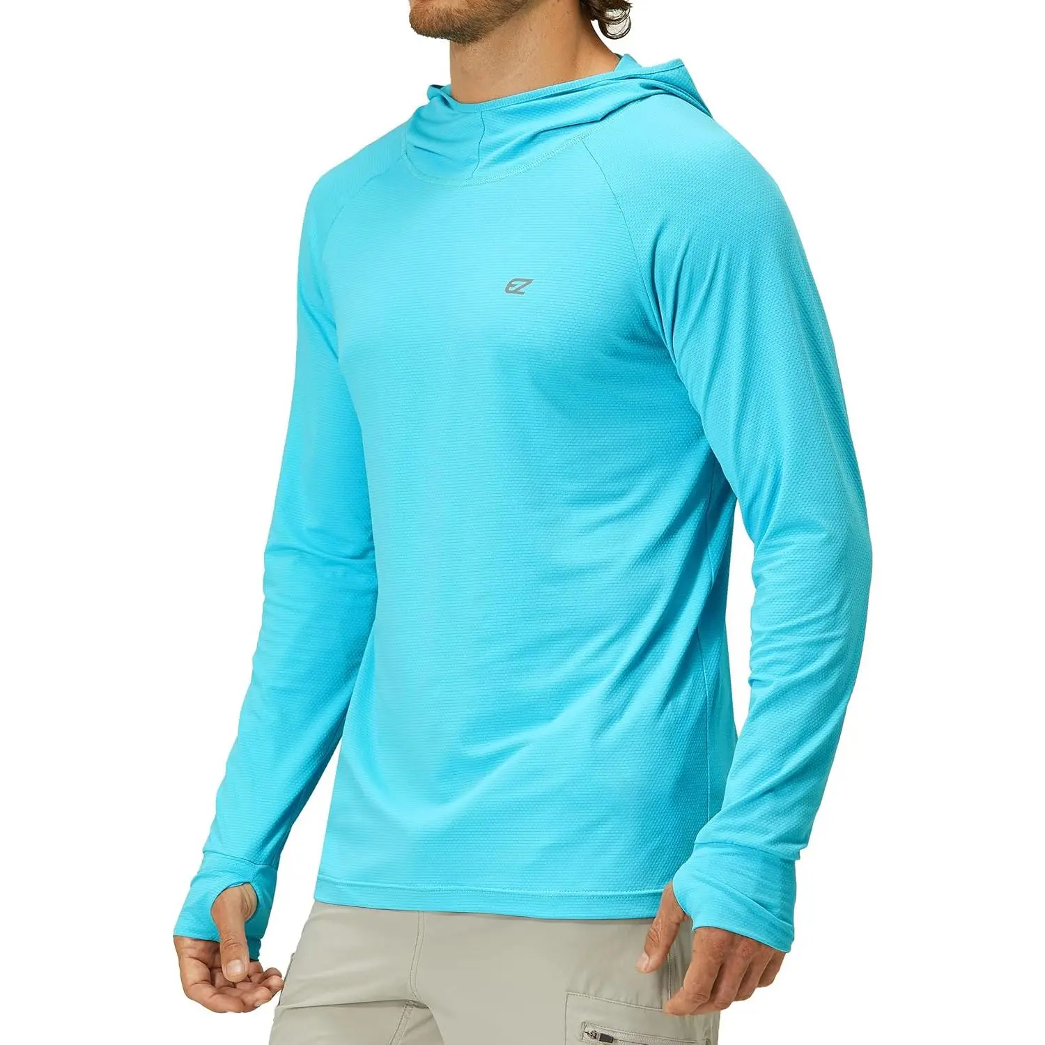 Men's UPF 50+ Hooded Long Sleeve Fishing Swim Rash Guard - Male M Size, GRS Recycled 90% Polyester 10% Spandex Fabric, Boating Use, Anti-Glare, Lightweight, Quick Dry, Breathable, Thumb Hole Cuffs, Sun UV Protection