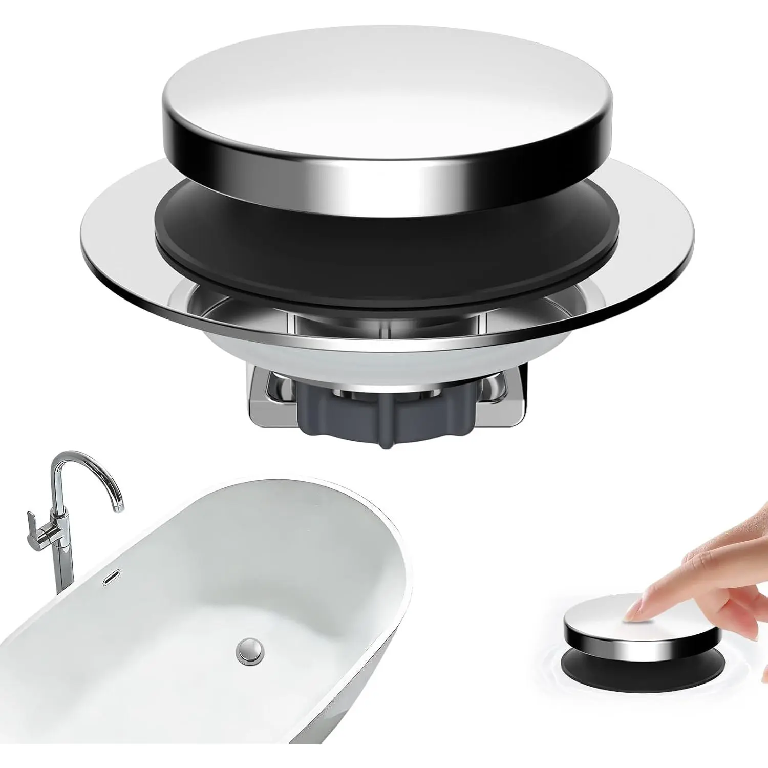 3 in 1 Metal Bathtub Drain Stopper,  Pop Up Tub Stopper, Bathtub Drain Hair Catcher, Removable Filter Basket, Anti-Clogging Drain Plug for 1.5''~2.4'' Drain, Brass  Core, Chrome