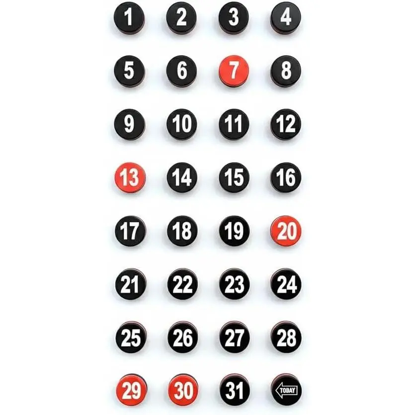 Double-Sided Magnetic Date & Weekday Tiles, Extra-Strong Ferrite Number Set for Fridge, Home and Office Schedule Boards