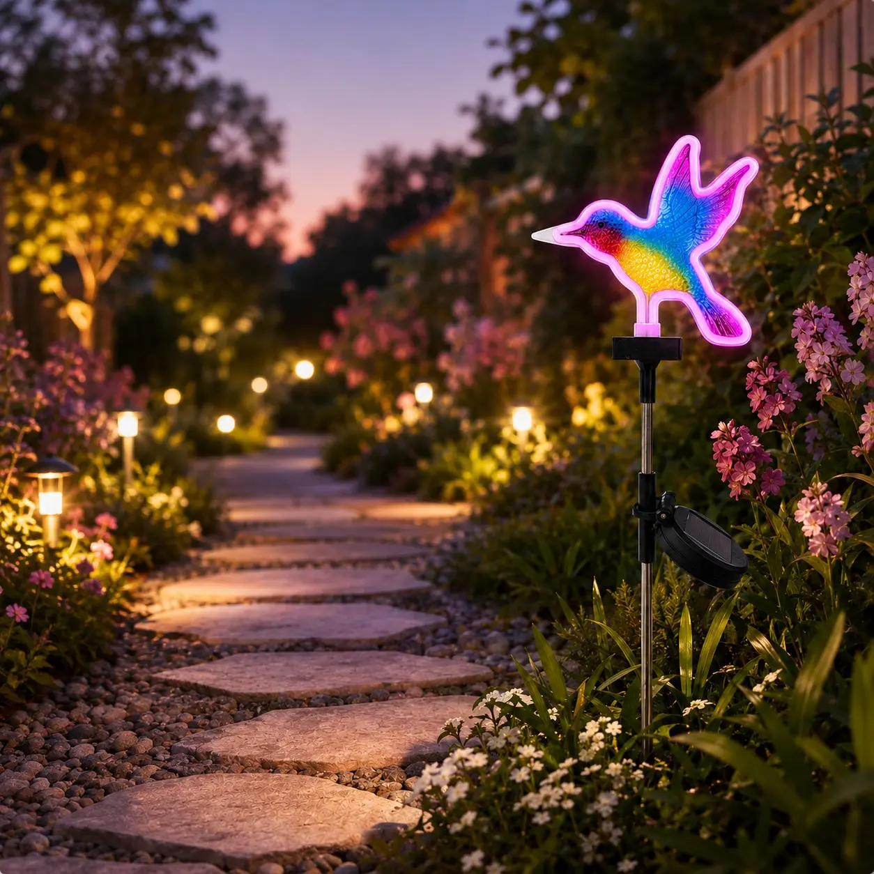 Solar-Powered Hummingbird Ground-Stake Light (1-Pack) – Dreamy & Beautiful: Rainbow Design with Pink Neon-Style Light Strip; Ideal for Ambiance Decoration in Courtyards, Gardens, and Pathways, or as a Holiday Gift.