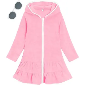 Girls Swim Cover Up Kids Long Sleeve Swimsuit Coverup Terry Beach Pool Clothes with Sunglasses(Gift)