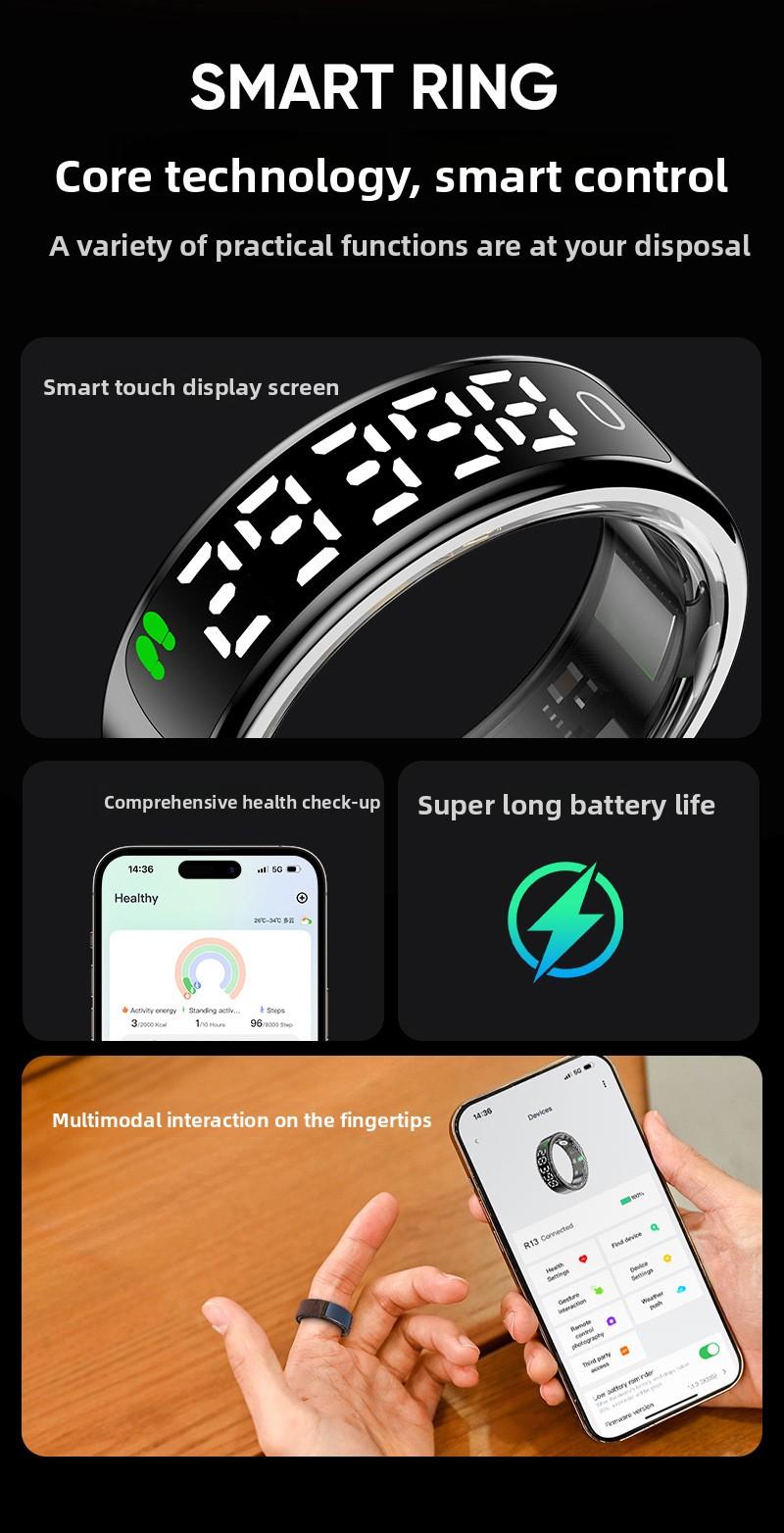 R13 Smart Ring Blood Oxygen Monitor Step Counter Sleep Tracker Bluetooth Fitness Activity Tracker for Health Monitoring Sports Exercise Tracking with Display