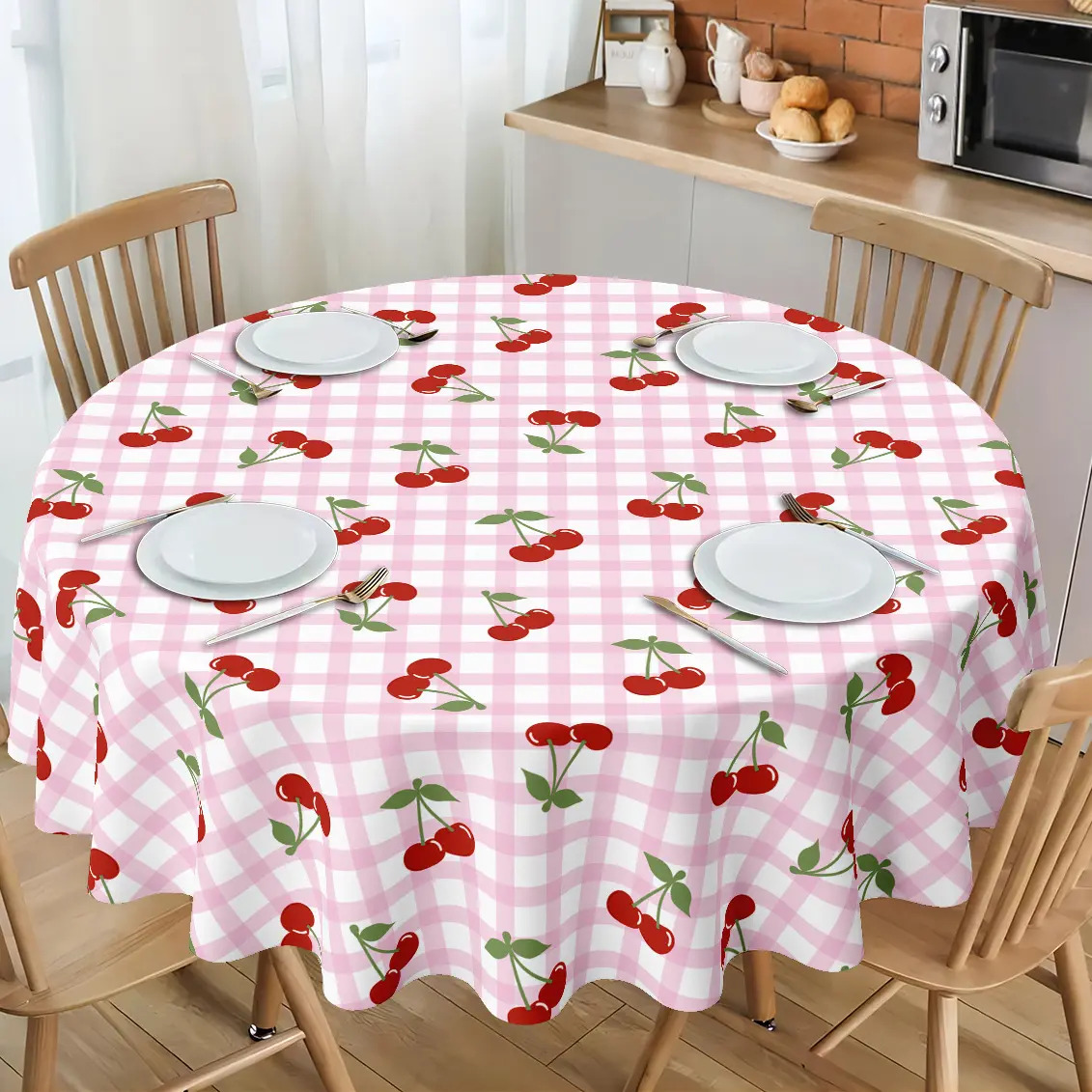 Cute Cherry Round Tablecloth | Pink & White Gingham Checkered | Retro Picnic & Dining Table Cover for Kitchen Parties Cottagecore Summer Vibe