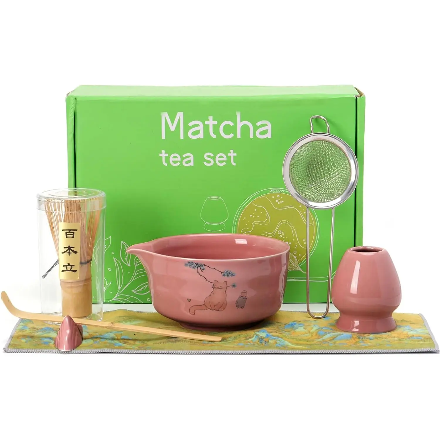Matcha Set -  Matcha Kit Set 7-Pcs: Ceramic Bowl (Chawan), Matcha Whisk and Holder,  Scoop, Scoop Rest, Sifter and Towel - Authentic  Ceremony Tools for  Lovers (Hot )